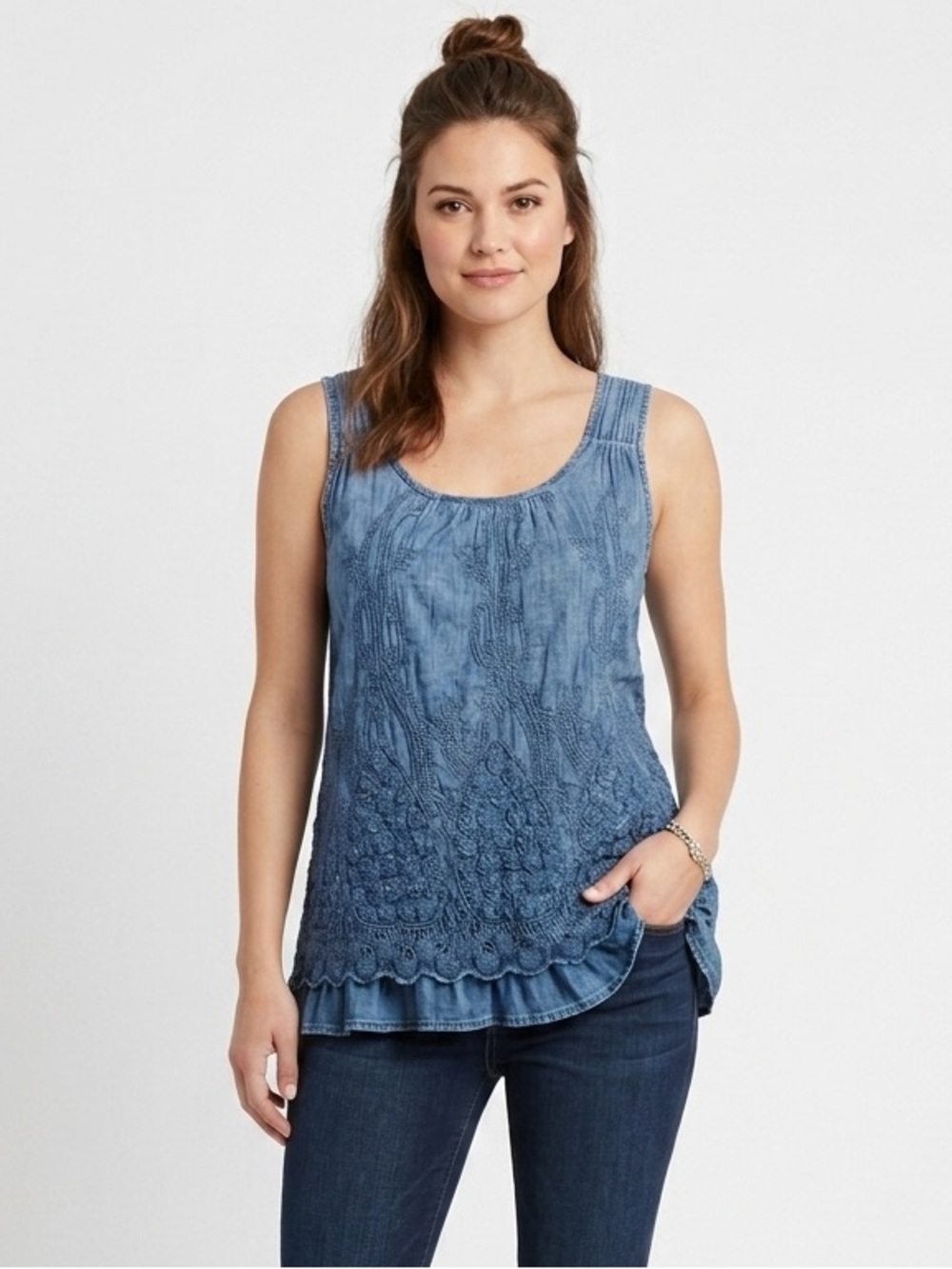 Tempo Paris Women's Tank Top Tiered Ruffle Hem Lined Blue Silk Blend Size M